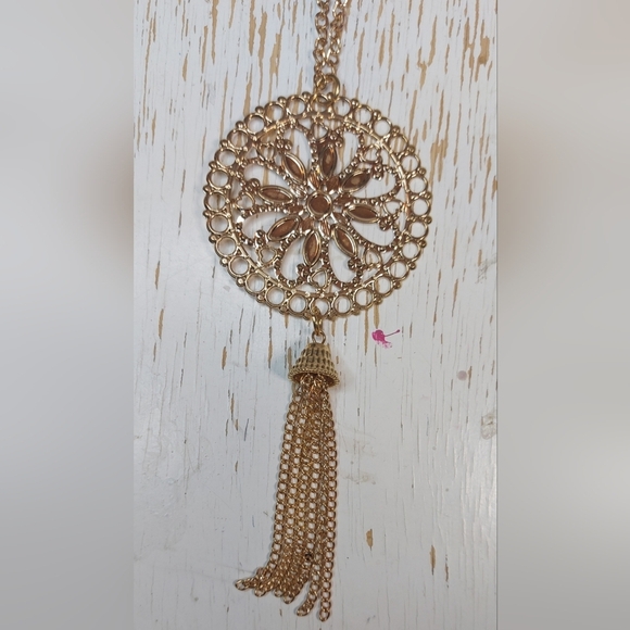 Single Gold Chain Long Necklace with Gold Sun Medallion Pendant & Tassel - Picture 3 of 8